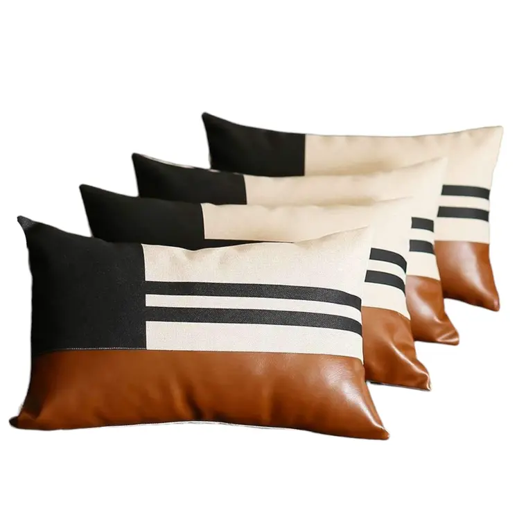 Set of Four 12" X 20" Brown Black and Ivory Striped Fabric and Faux Leather Lumbar Throw Pillows