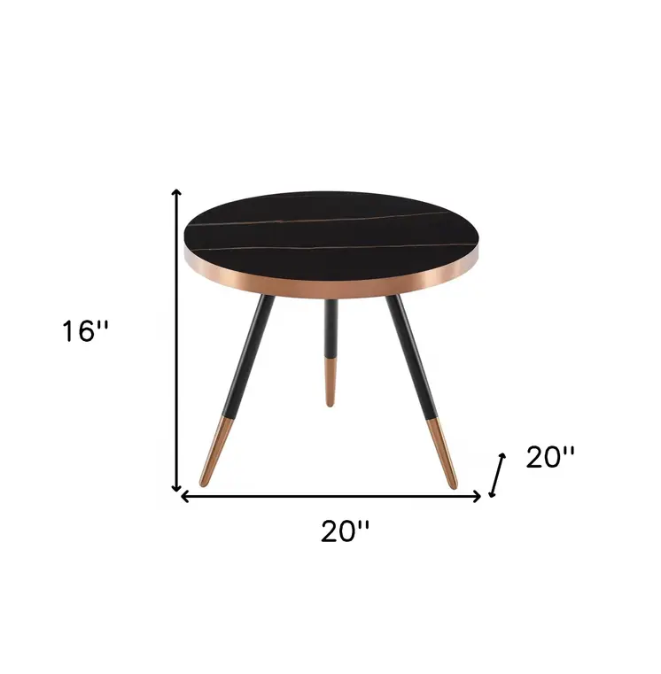 20" Black and Gold Faux Marble And Metal Round Coffee Table