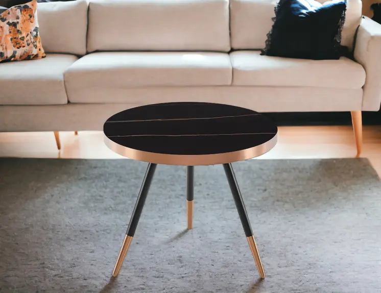 20" Black and Gold Faux Marble And Metal Round Coffee Table