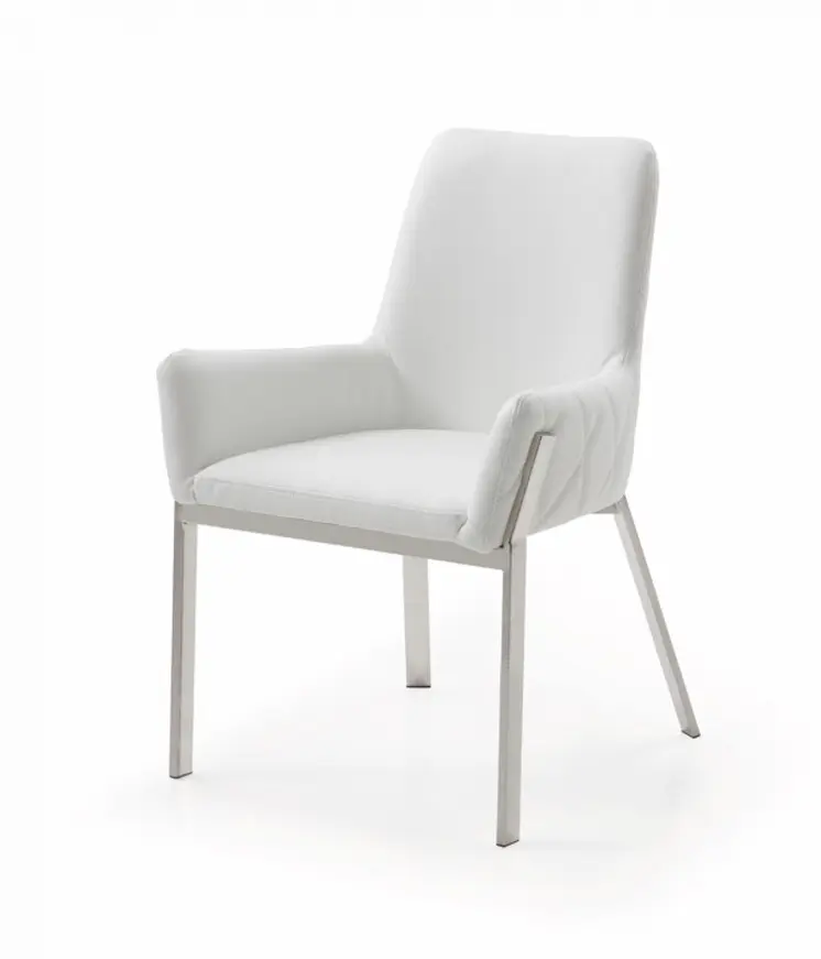 White and Silver Upholstered Faux Leather Dining Arm Chair