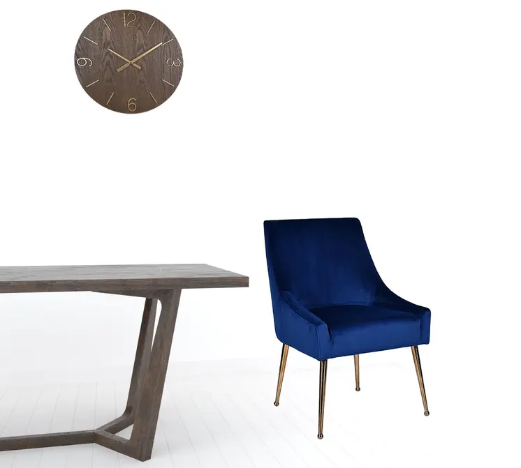 Set of Two Blue Gold Velvet Dining Chairs