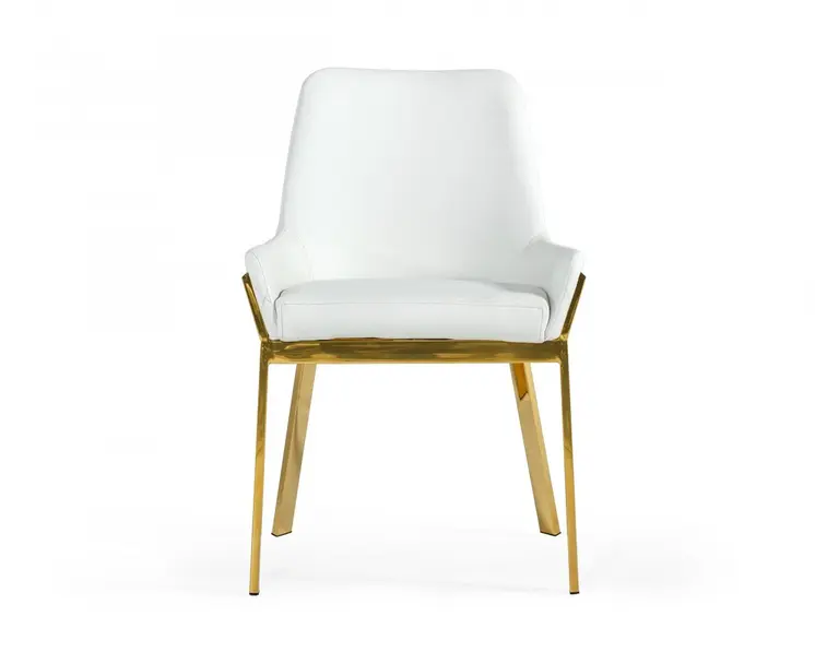 White and Gold Upholstered Faux Leather Dining Arm Chair