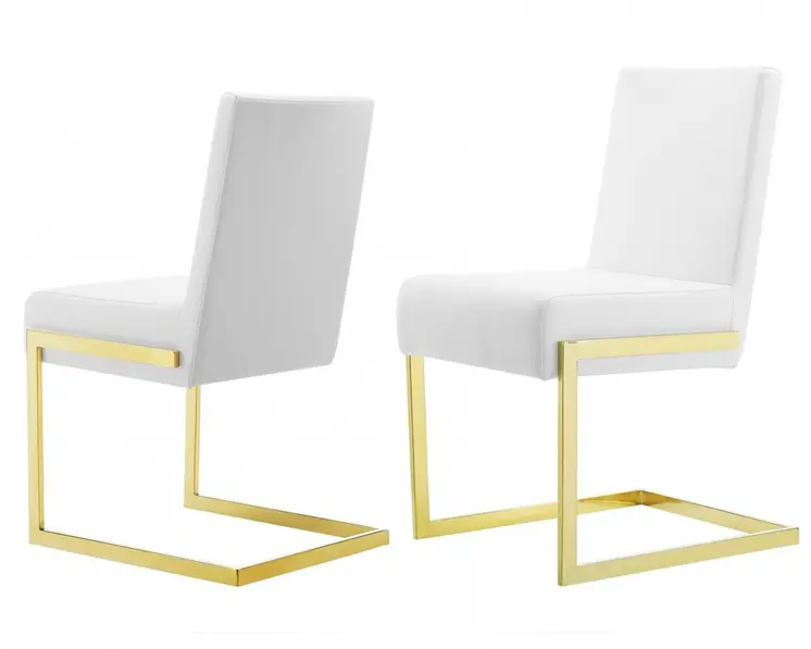 Set of Two White and Gold Upholstered Faux Leather Dining Side Chairs