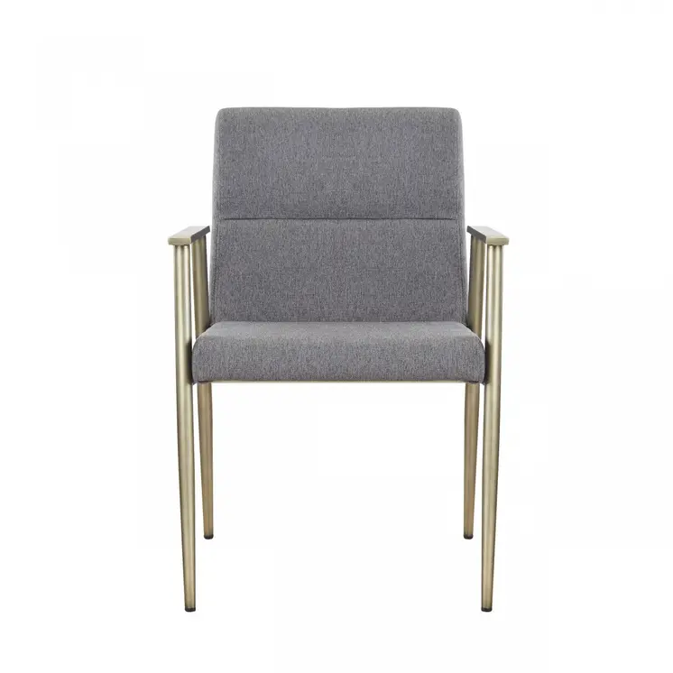 Gray and Antiqued Brass Upholstered Fabric Dining Arm Chair