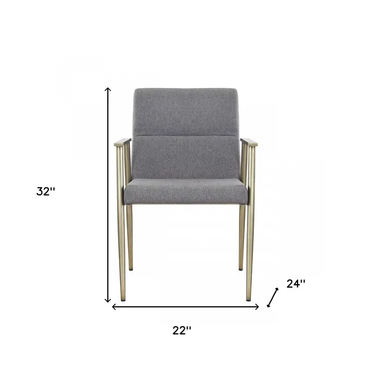 Gray and Antiqued Brass Upholstered Fabric Dining Arm Chair