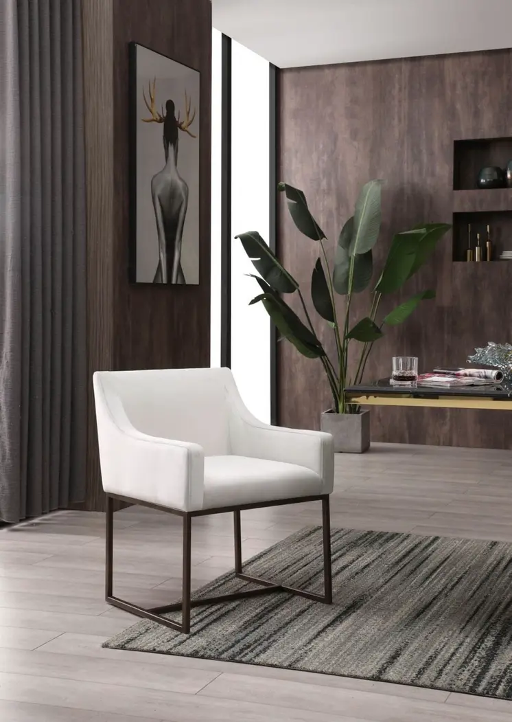 Beige and Antiqued Brass Upholstered Fabric Dining Arm Chair