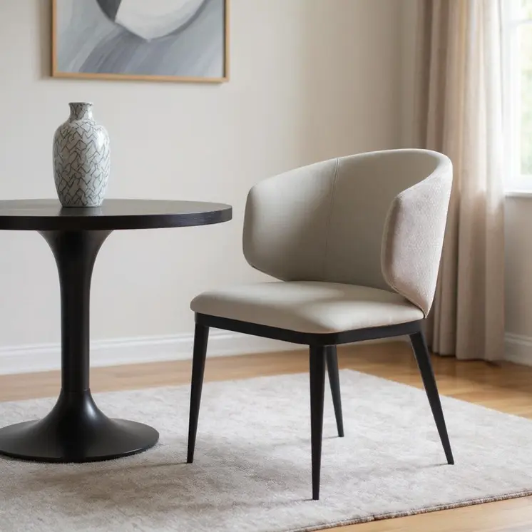 Beige and Black Upholstered Faux Leather Wing Back Dining Arm Chair