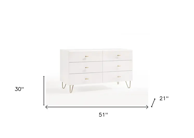 51" White Manufactured Wood Six Drawer Double Dresser