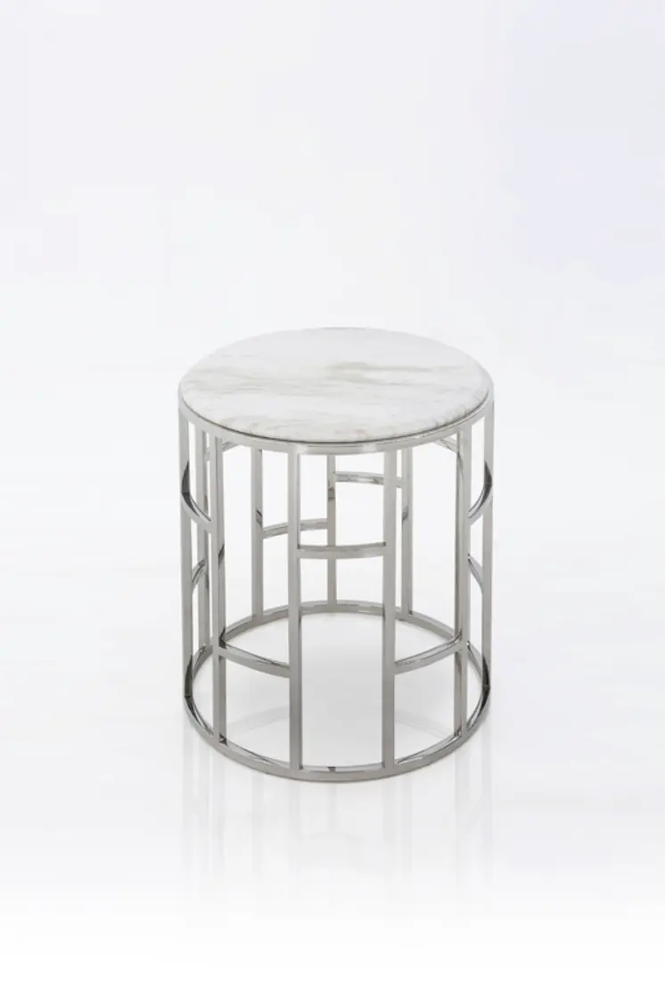 Stylish Silver And White Marble Round Geometric End or Side Table