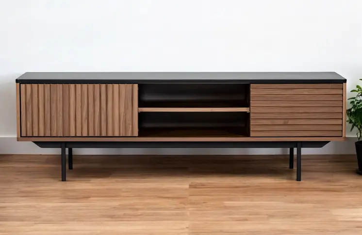 63" Walnut And Gray Wood Open And Enclosed Storage TV Stand