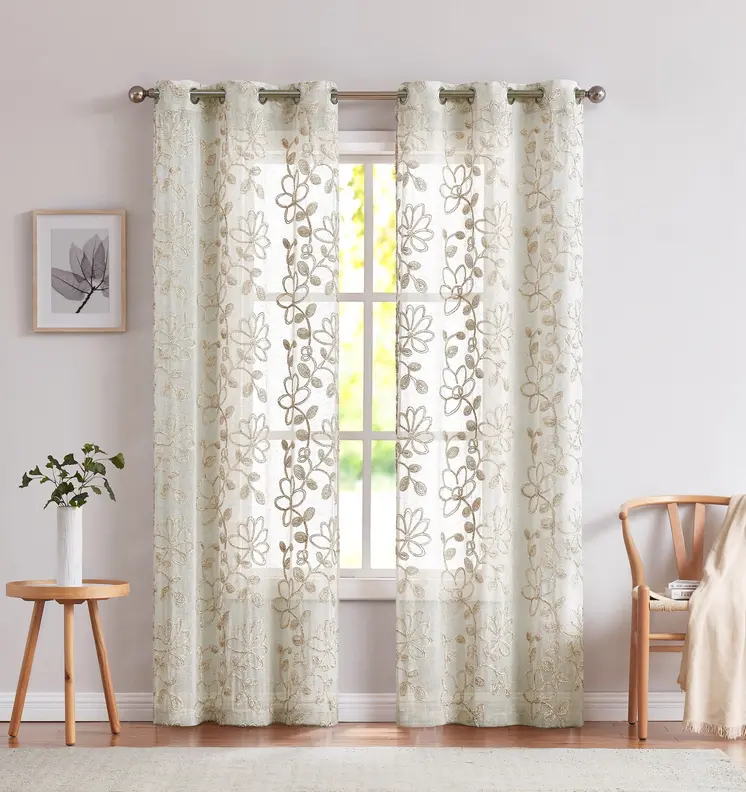 Set of Two 84"  Tan Floral Embroidered Window Panels
