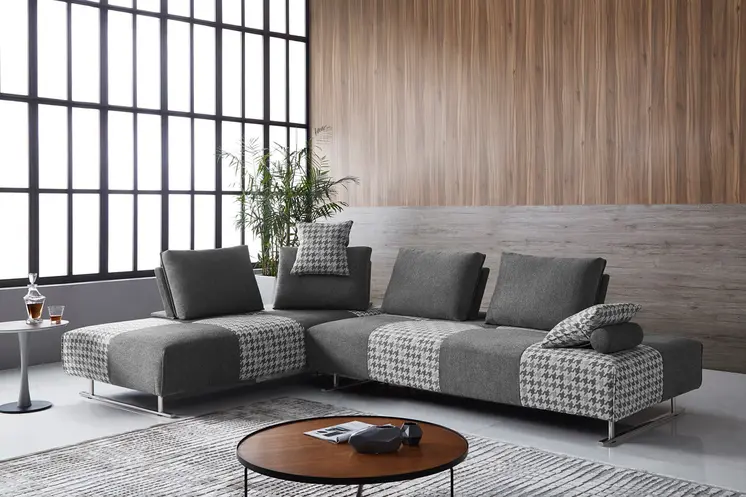 Gray 100% Polyester Stationary L Shaped Two Piece Sofa And Chaise