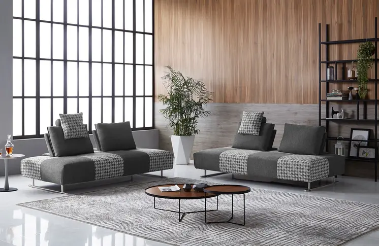 Gray 100% Polyester Stationary L Shaped Two Piece Sofa And Chaise