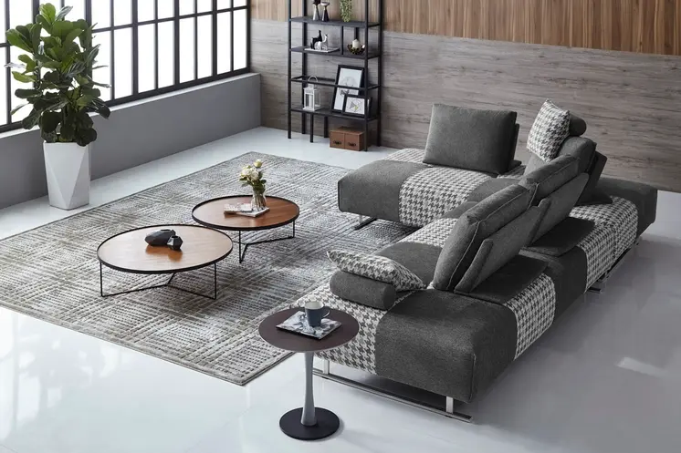 Gray 100% Polyester Stationary L Shaped Two Piece Sofa And Chaise
