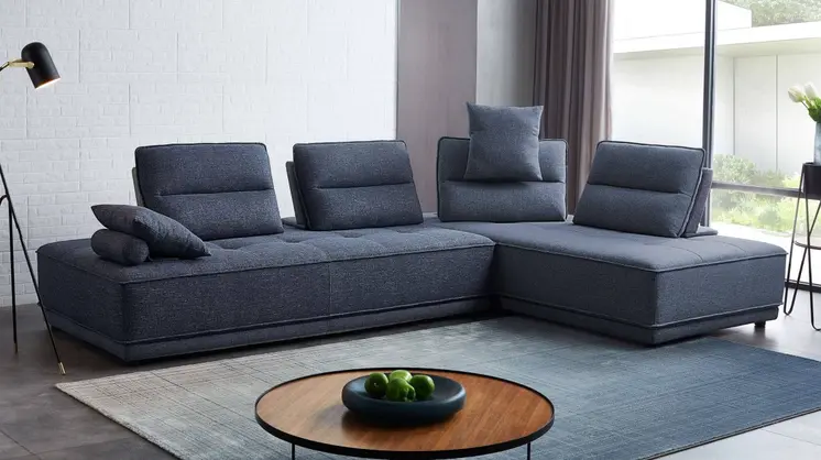 Blue 100% Polyester Stationary L Shaped Two Piece Sofa And Chaise