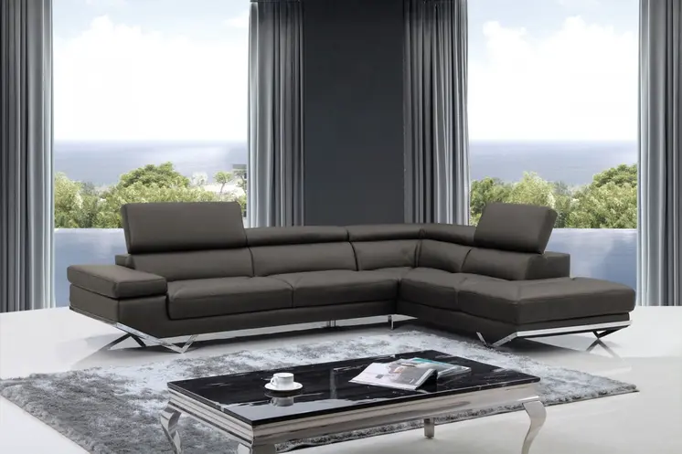 Gray Leather Match Stationary L Shaped Two Piece Sofa And Chaise