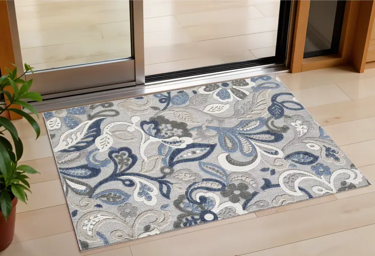 2' X 4' Blue Gray Jacobean Floral Indoor Outdoor Area Rug