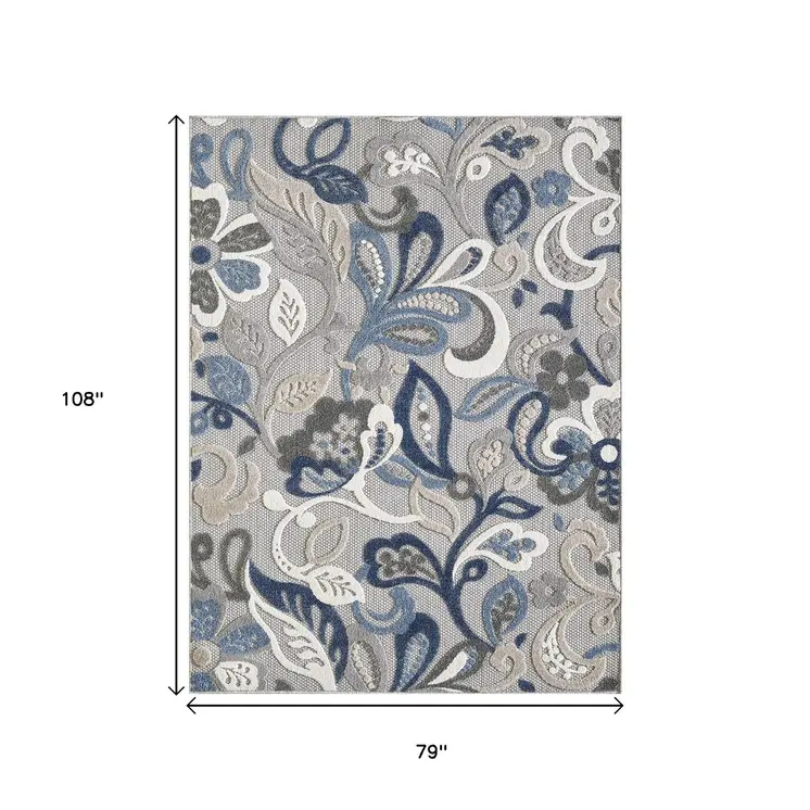 7’ X 9’ Blue Gray Jacobean Floral Indoor Outdoor Area Rug