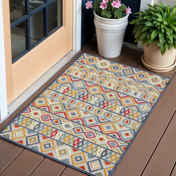 2' X 4' Ivory And Blue Southwestern Stain Resistant Indoor Outdoor Area Rug