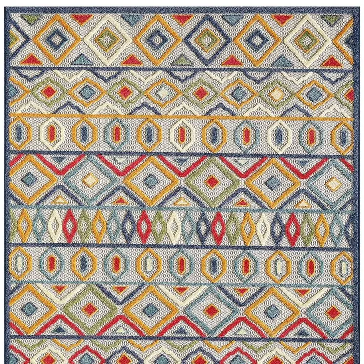 8' X 10' Ivory And Blue Southwestern Stain Resistant Indoor Outdoor Area Rug