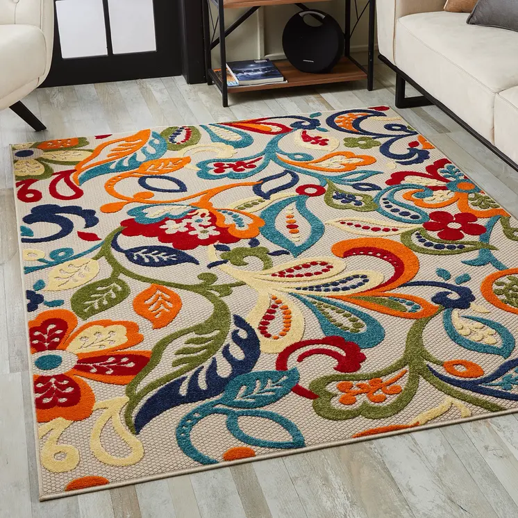 7' X 9' Ivory And Blue Indoor Outdoor Area Rug