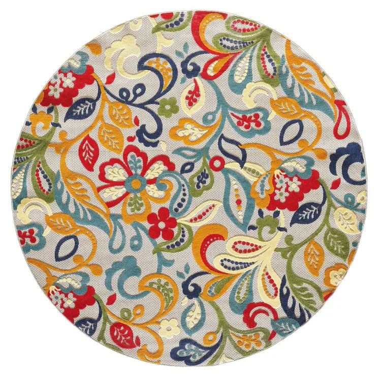 8' Round Ivory And Blue Round Floral Stain Resistant Indoor Outdoor Area Rug