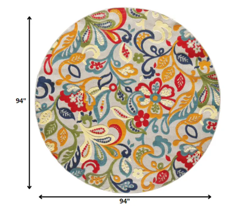 8' Round Ivory And Blue Round Floral Stain Resistant Indoor Outdoor Area Rug