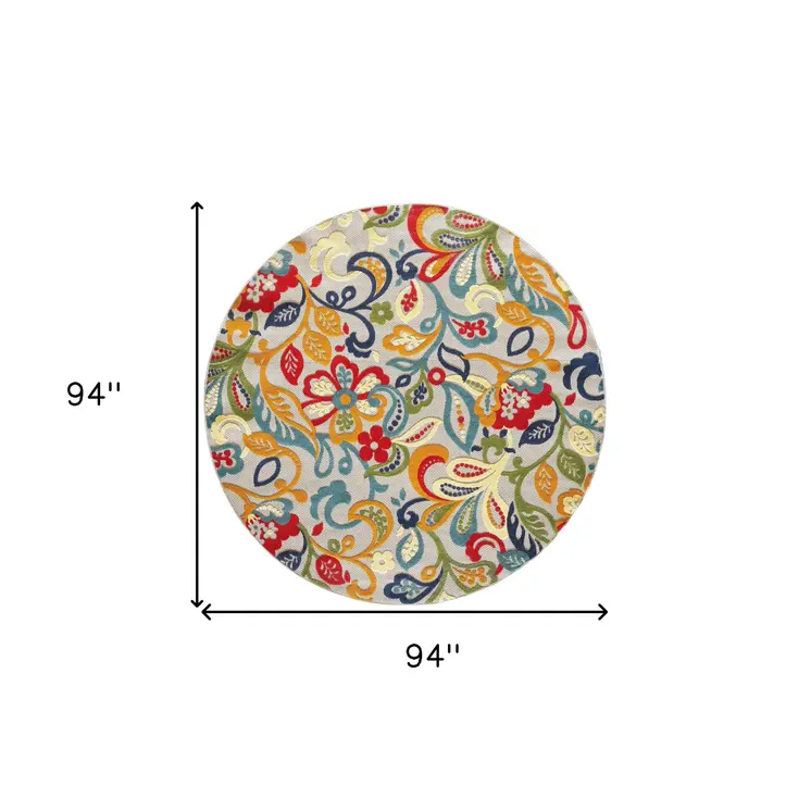 8' Round Ivory And Blue Round Floral Stain Resistant Indoor Outdoor Area Rug