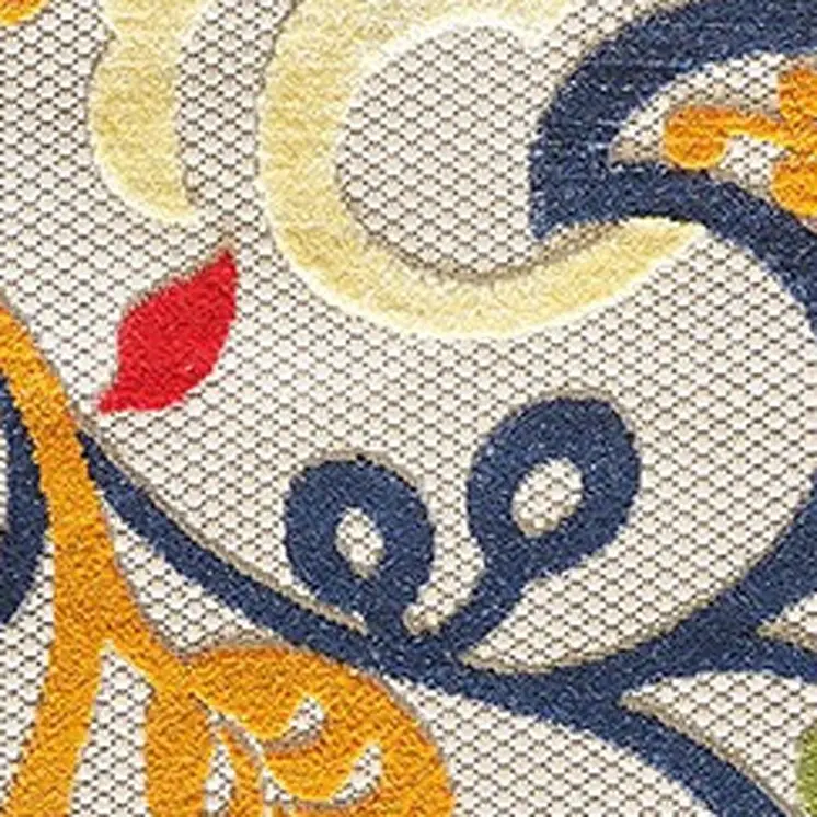 8' Round Ivory And Blue Round Floral Stain Resistant Indoor Outdoor Area Rug