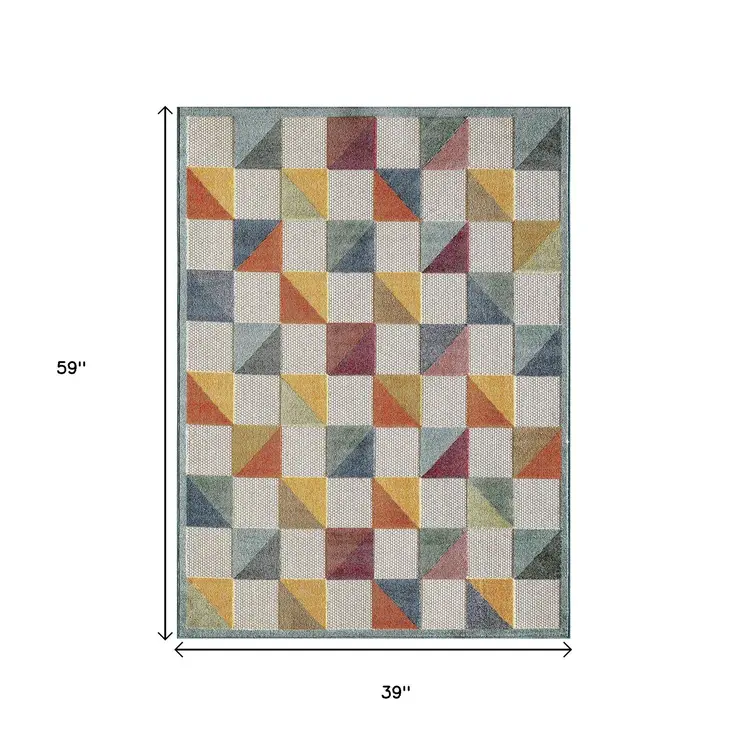 3' X 5' Ivory Geometric Stain Resistant Indoor Outdoor Area Rug