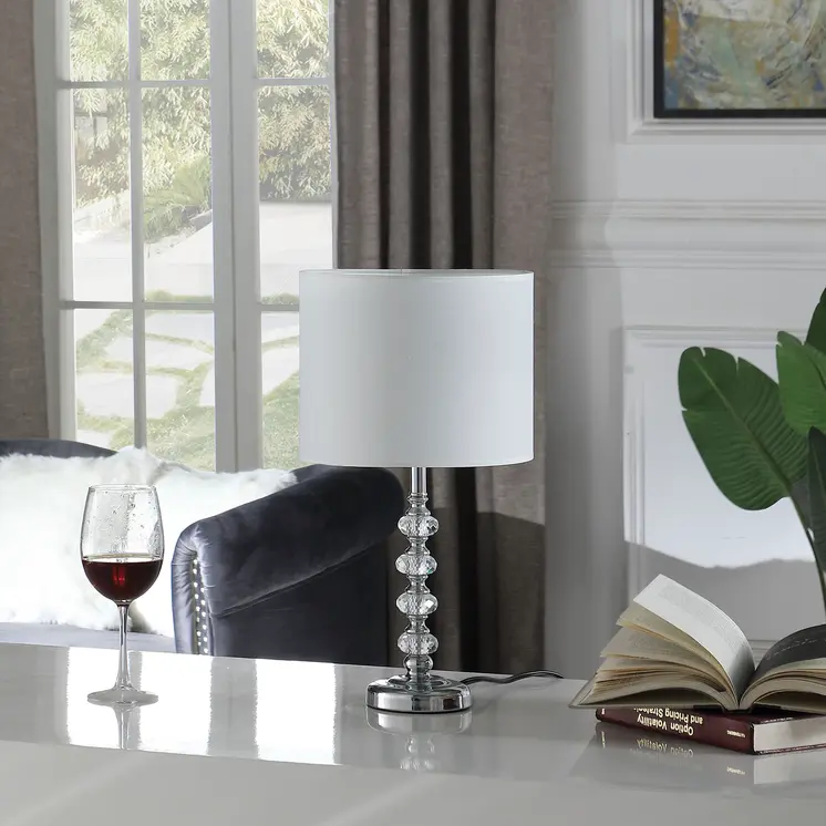 18" Silver Faux Crystal And Metal Table Lamp With White Drum Shade