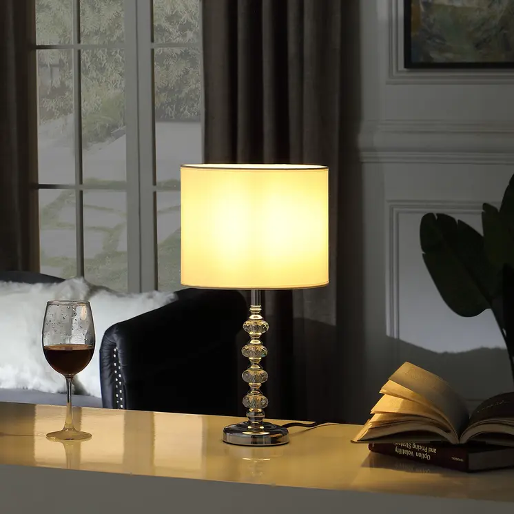 18" Silver Faux Crystal And Metal Table Lamp With White Drum Shade
