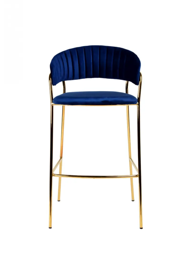 Set of Two 30" Dark Blue And Gold Steel Low Back Bar Height Bar Chairs