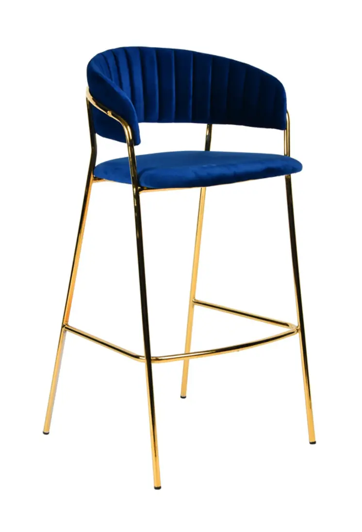 Set of Two 30" Dark Blue And Gold Steel Low Back Bar Height Bar Chairs