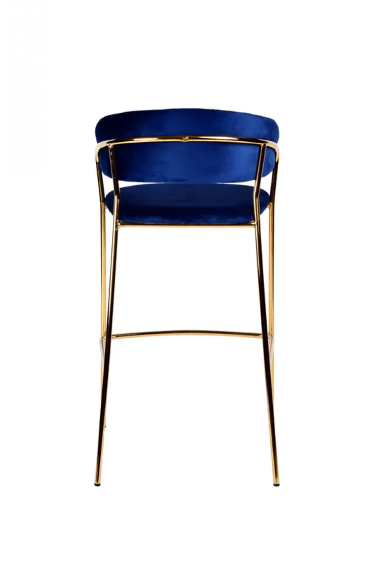 Set of Two 30" Dark Blue And Gold Steel Low Back Bar Height Bar Chairs