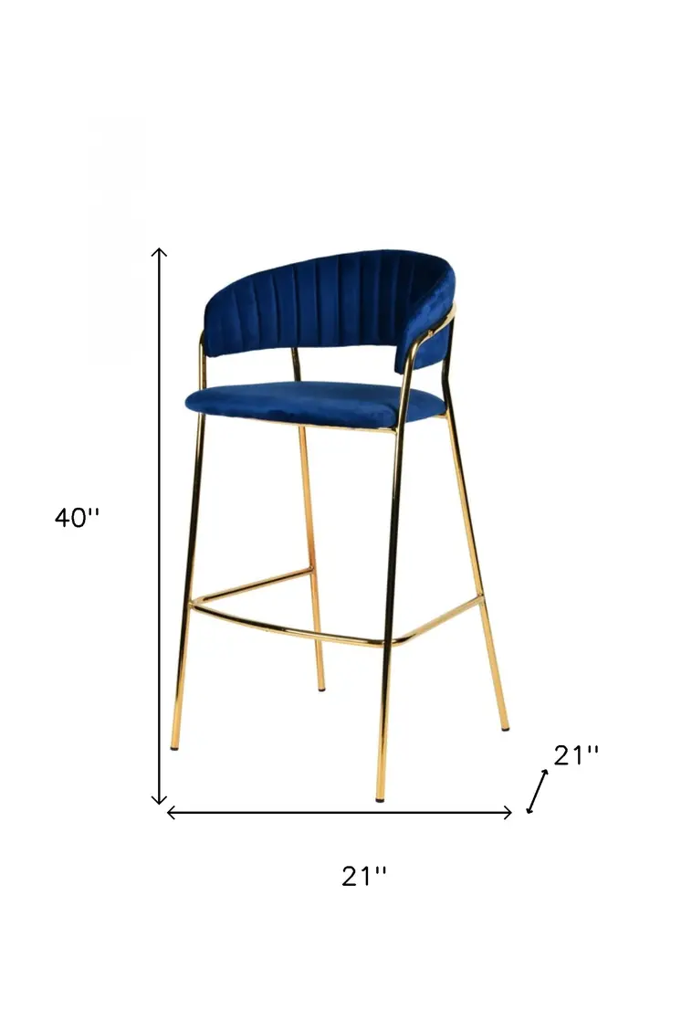 Set of Two 30" Dark Blue And Gold Steel Low Back Bar Height Bar Chairs