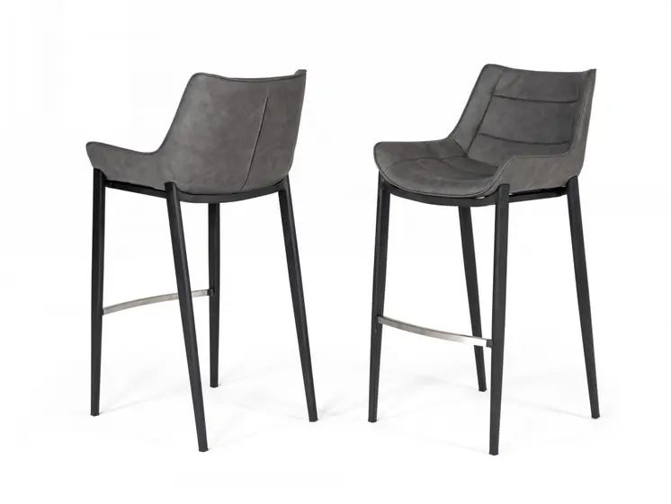 Set of Two 30" Gray And Black Faux Leather And Steel Bar Height Bar Chairs