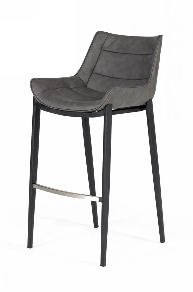 Set of Two 30" Gray And Black Faux Leather And Steel Bar Height Bar Chairs