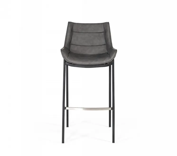 Set of Two 30" Gray And Black Faux Leather And Steel Bar Height Bar Chairs