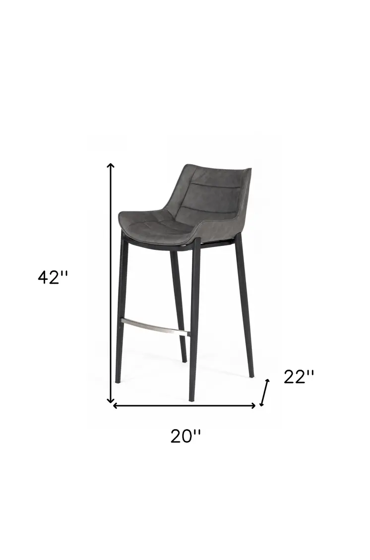 Set of Two 30" Gray And Black Faux Leather And Steel Bar Height Bar Chairs