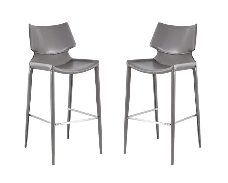 Set of Two 30" Gray Faux Leather And Steel Low Back Bar Height Bar Chairs