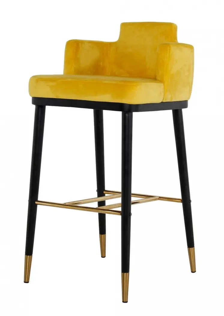 30" Yellow And Black Velvet And Steel Low Back Bar Height Bar Chair