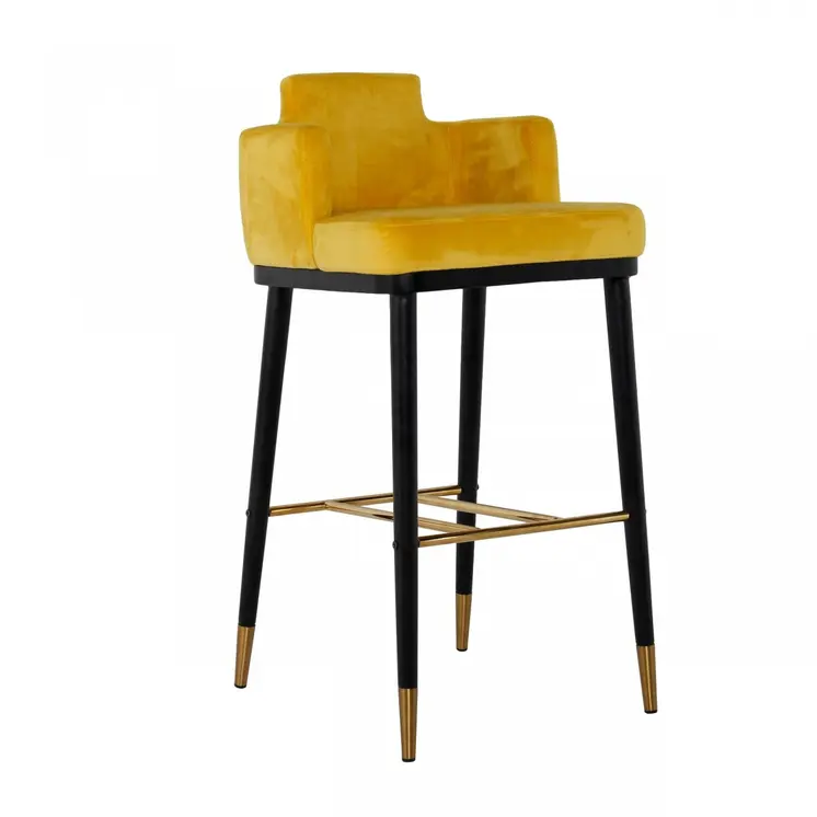 30" Yellow And Black Velvet And Steel Low Back Bar Height Bar Chair