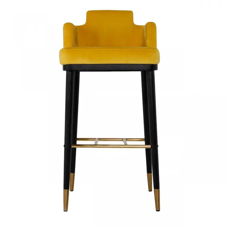 30" Yellow And Black Velvet And Steel Low Back Bar Height Bar Chair