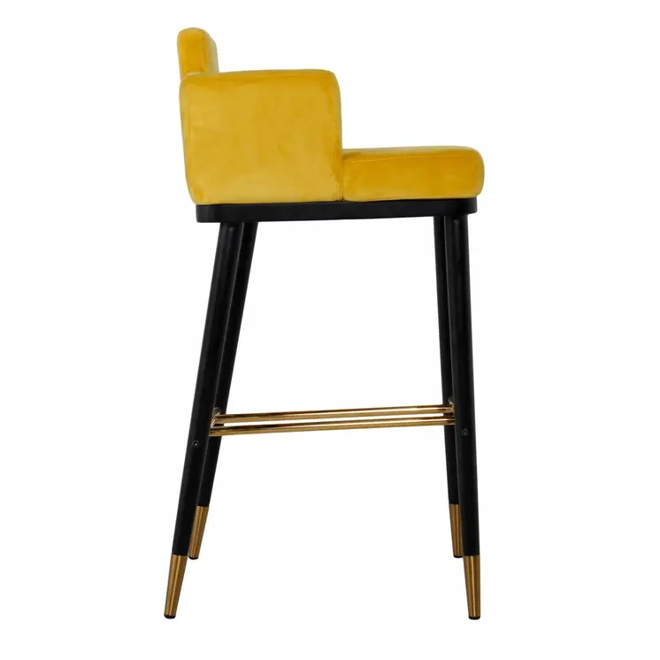 30" Yellow And Black Velvet And Steel Low Back Bar Height Bar Chair