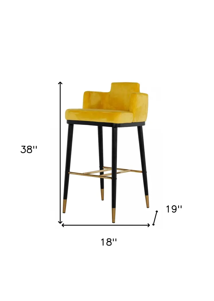 30" Yellow And Black Velvet And Steel Low Back Bar Height Bar Chair