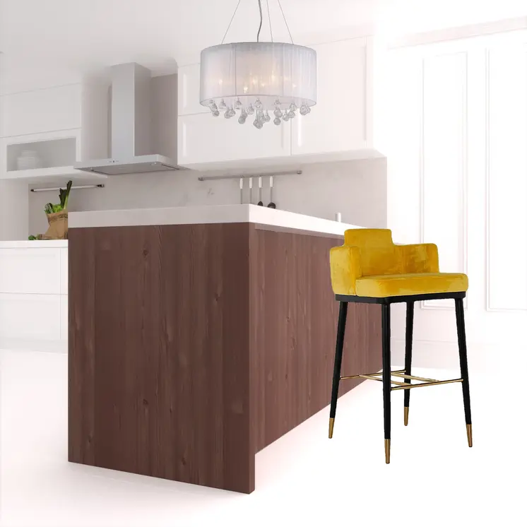 30" Yellow And Black Velvet And Steel Low Back Bar Height Bar Chair