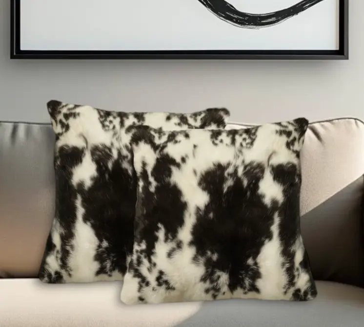 Set of Two 18" Black and White Rabbit Natural Fur Throw Pillow