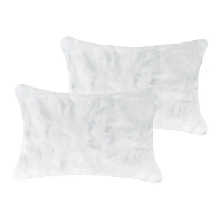 Set of Two 12" X 20" White Natural Fur Throw Pillows