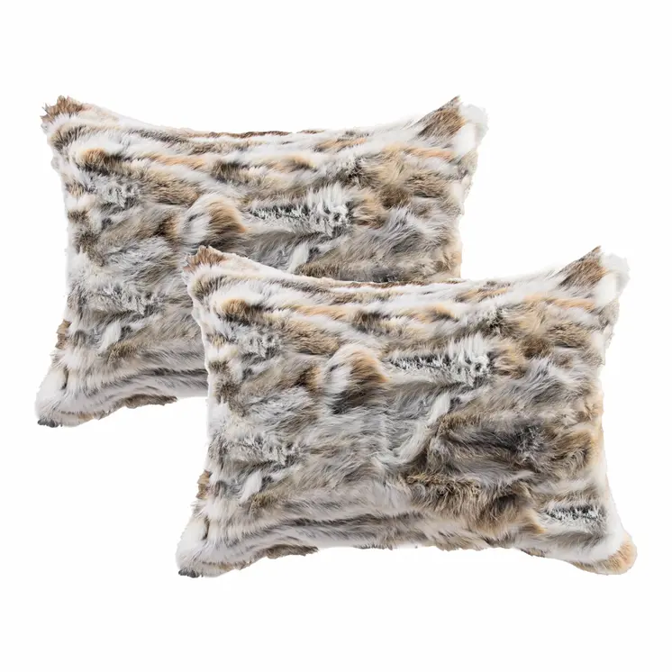 Set of Two 12" X 20" Tan and White Rabbit Natural Fur Throw Pillow